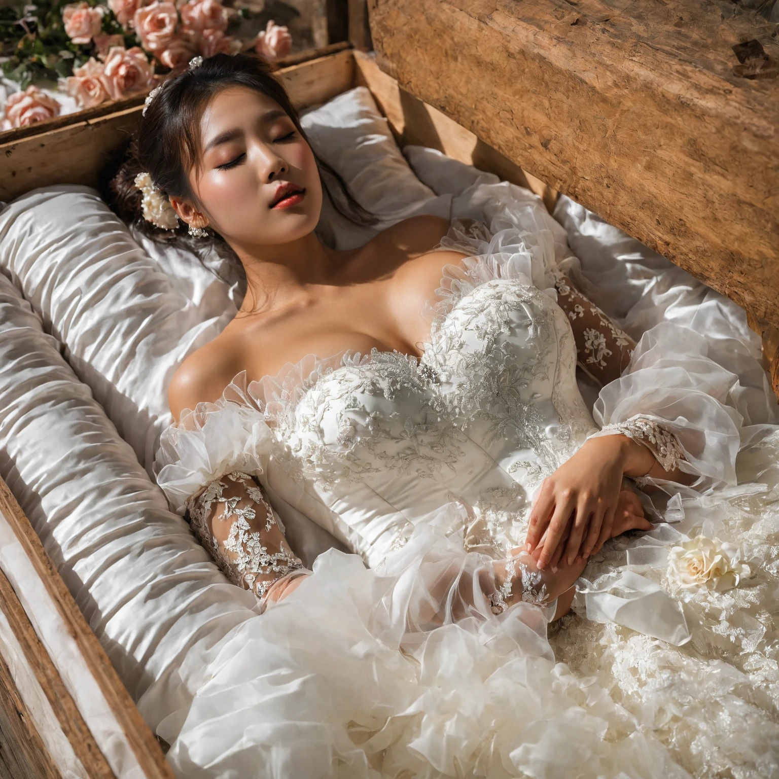 A provocative and sensual image unfolds before us. Two Korean girls, 22 years old, lie asleep in a deep, black coffin surrounded by plush pillows. They wear see-through wedding dresses with lace details, off-shoulder designs, sleeve, and huge skirts that cascade around their bodies. The dresses are cut low to showcase their beautiful breasts, fixed with a subtle cleavage cutout. Their faces are flawless, with perfect eyebrows, eyelashes, and skin tone. One girl's hair is styled in a ponytail with bangs framing her face, while the other has a bun adorned with wisps of hair framing her closed eyes. The overall atmosphere is one of intimacy and sensuality, with saturated colors enhancing the mood. Note the visible breasts and perfectly manicured hands that peek out from beneath the skirts, which are strategically covered to conceal their legs, ba11g0wn