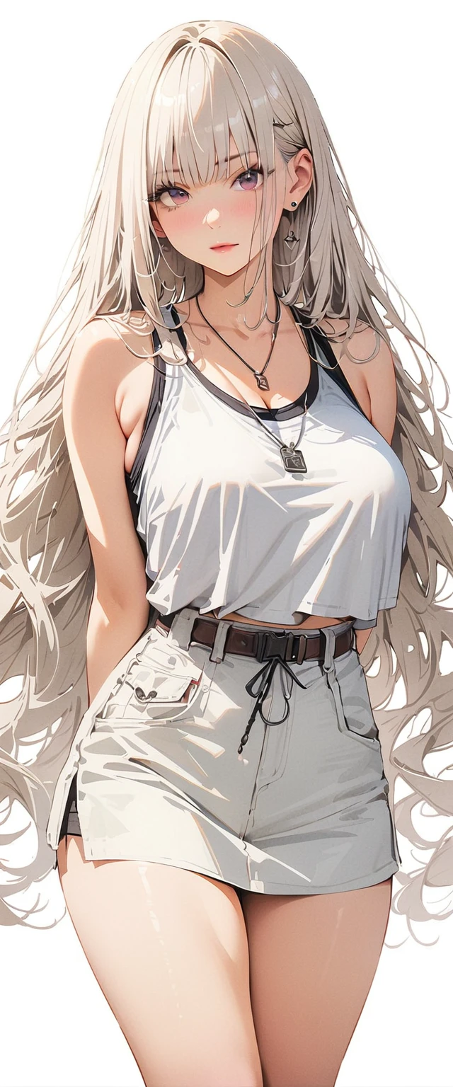 20 years old,1 mature woman,hyperrealistic, 8k, (extremely detailed 8k), (very delicate and beautiful), (masterpiece), (better quality:1.0), (ultra high resolution:1.0), (masterpiece, best quality),cute,white hair,model posing,white background,realistic skin,Combat Readiness,big breast,hime cut,black nail,extra long hair,police officer,full body,arms behind back