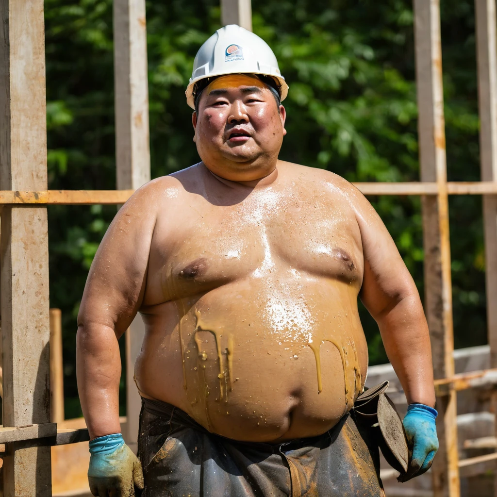 Male, Fat, Chubby, Asian, 50 years old, working in construction, Working, Stained, Dirty, Wet, not wearing a shirt, Shirtless, wearing a safety hat.