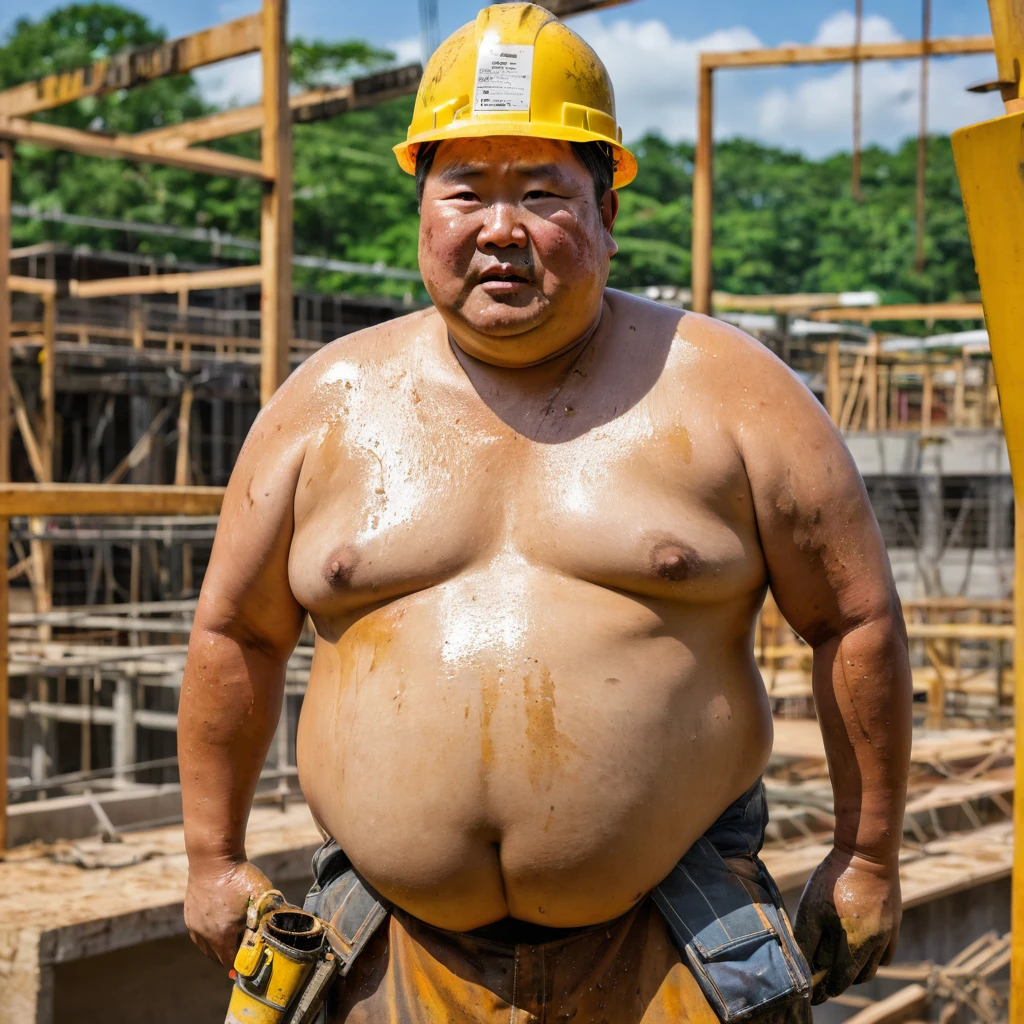 Male, Fat, Chubby, Asian, 50 years old, working in construction, Working, Stained, Dirty, Wet, not wearing a shirt, Shirtless, wearing a safety hat.