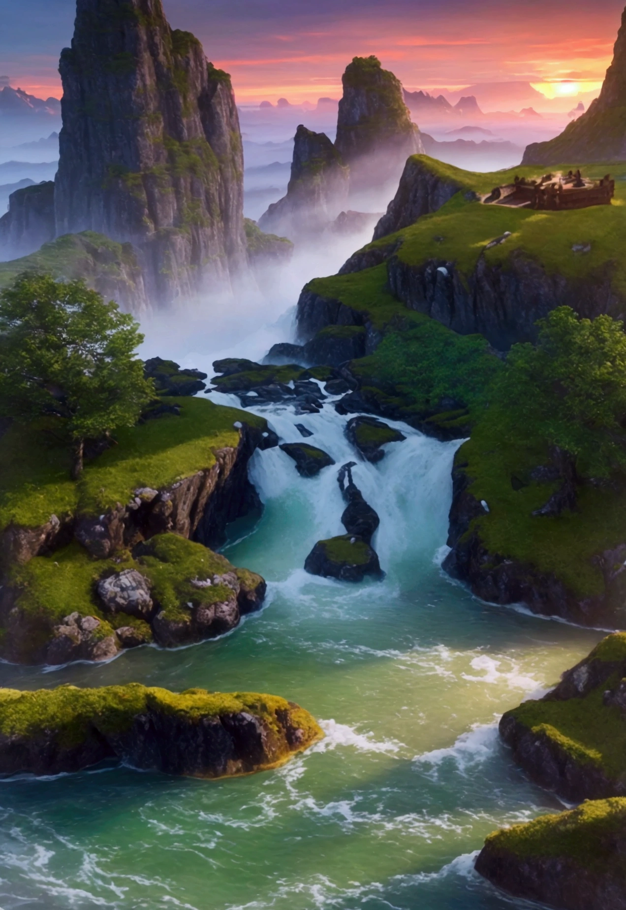 a beautiful vista from the top of the lookout, flying islands and serpent dragons soaring in the distance, a beautiful painting and an image that conveys a sense of peace and harmony, a stream below in the highlands, (best quality,4k,8k,highres,masterpiece:1.2),ultra-detailed,(realistic,photorealistic,photo-realistic:1.37),digital art,landscape painting,fantasy landscape,serene,peaceful,idyllic,dramatic lighting,vibrant colors,glowing skies,intricate details,ethereal atmosphere,mystical elements,flowing water,lush foliage