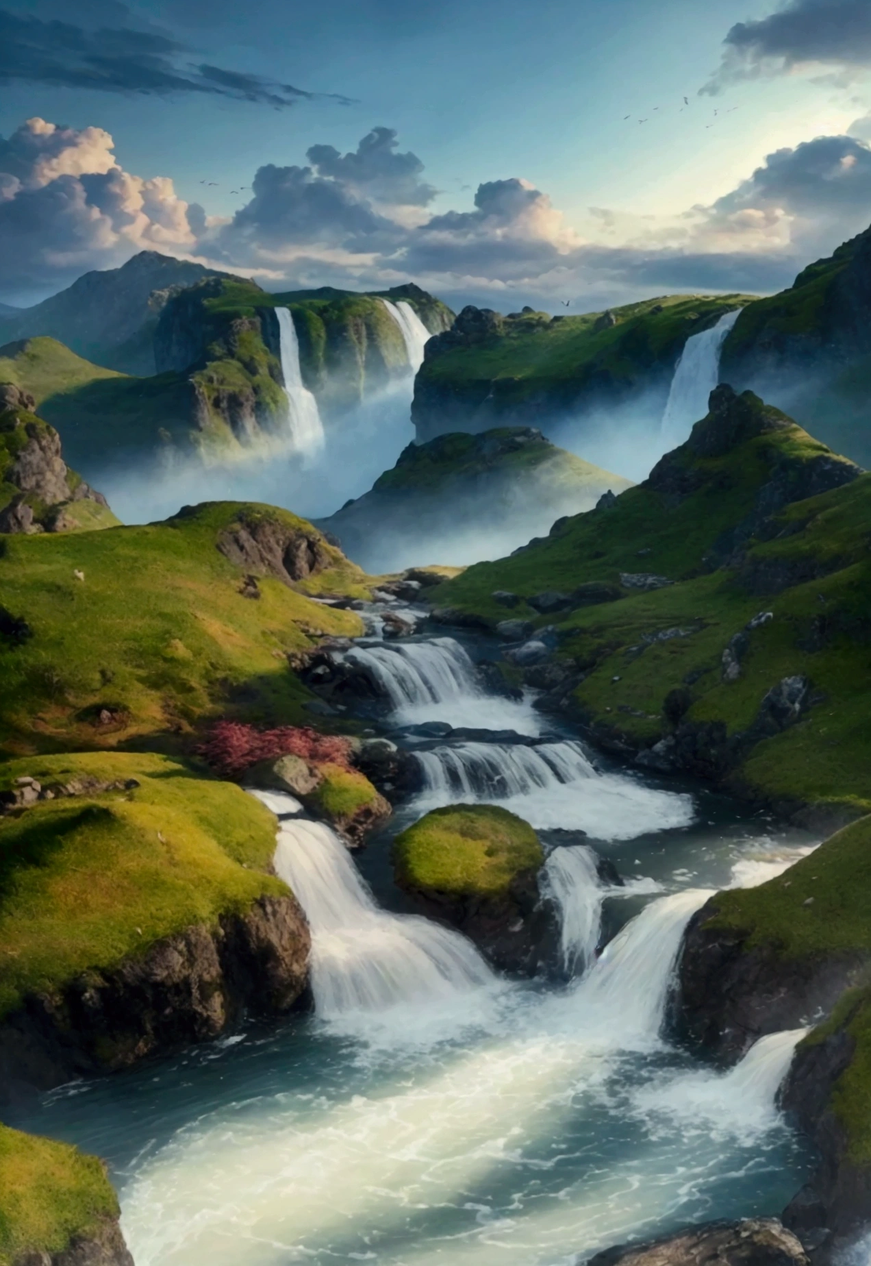 a beautiful vista from the top of the lookout, flying islands and serpent dragons soaring in the distance, a beautiful painting and an image that conveys a sense of peace and harmony, a stream below in the highlands, (best quality,4k,8k,highres,masterpiece:1.2),ultra-detailed,(realistic,photorealistic,photo-realistic:1.37),digital art,landscape painting,fantasy landscape,serene,peaceful,idyllic,dramatic lighting,vibrant colors,glowing skies,intricate details,ethereal atmosphere,mystical elements,flowing water,lush foliage