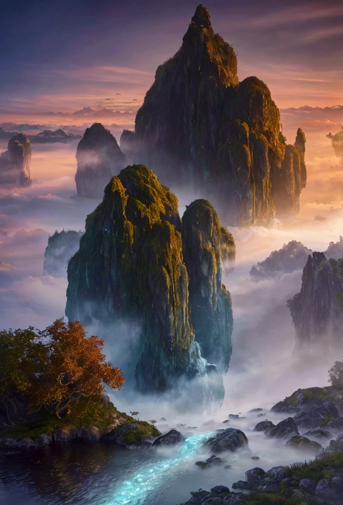 a beautiful vista from the top of the lookout, flying islands and serpent dragons soaring in the distance, a beautiful painting and an image that conveys a sense of peace and harmony, a stream below in the highlands, (best quality,4k,8k,highres,masterpiece:1.2),ultra-detailed,(realistic,photorealistic,photo-realistic:1.37),digital art,landscape painting,fantasy landscape,serene,peaceful,idyllic,dramatic lighting,vibrant colors,glowing skies,intricate details,ethereal atmosphere,mystical elements,flowing water,lush foliage