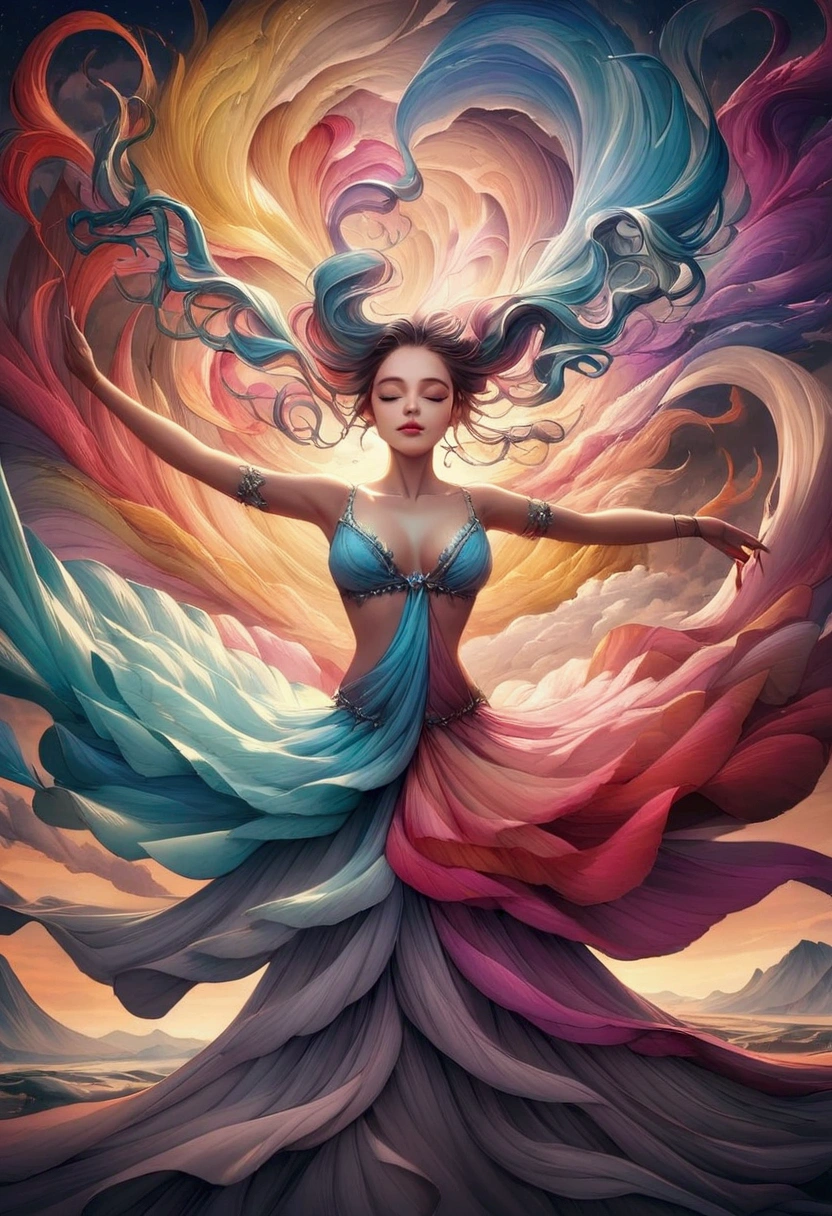 A mesmerizing swirl of vibrant colors, dancing and intertwining like smoke in the air.