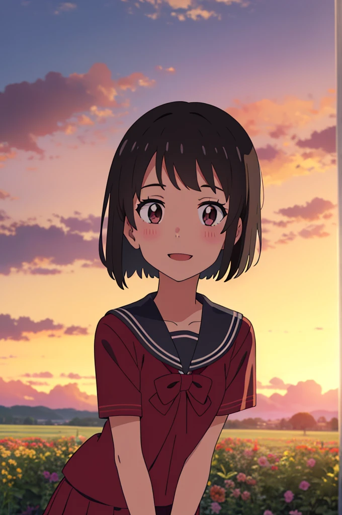 shinkai makoto, kimi no na wa., 1girl, bangs, black hair, blush, expressive eyes, brown eyes, perfect face, looking at the viewer, sailor uniform, red shirt, short sleeves, red skirt, short hair, solo, outdoors, shinny skin, smile, cute, open mouth, cloudy, evening, sunset sky, flower field, cozy house, (masterpiece), best quality