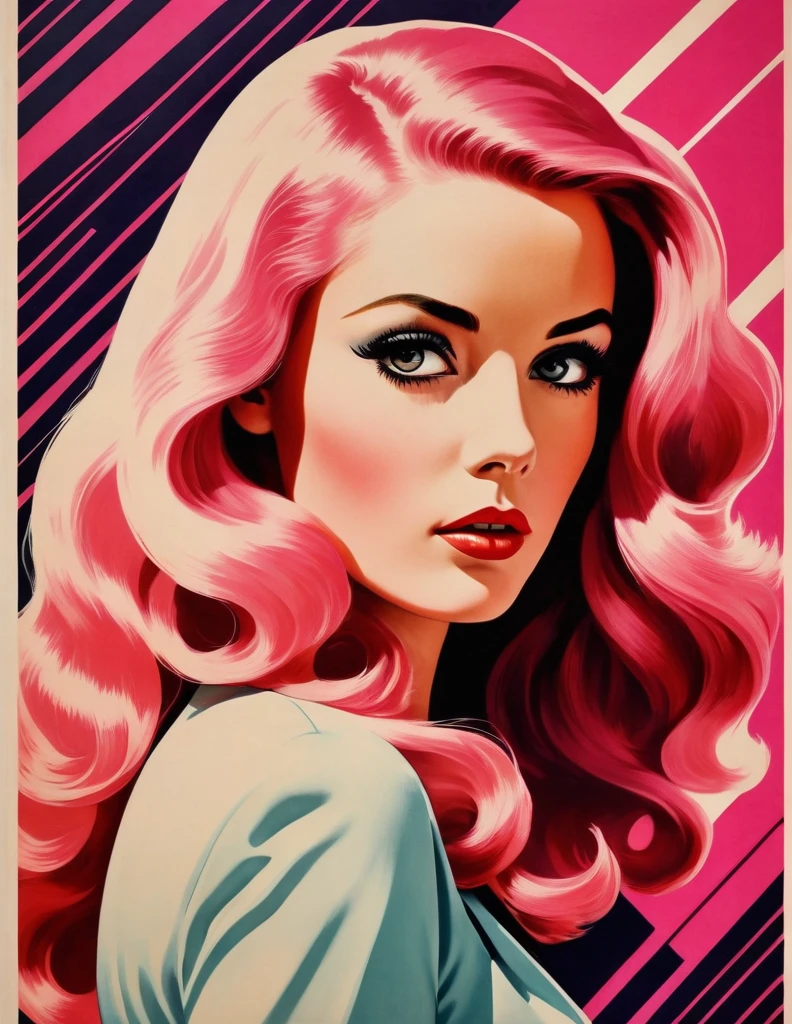 Very attractive 25 year old female with long wavy bright pink hair, (Masterpiece, Best Quality), 8k Wallpaper, highly detailed, poster, vintage spy film, 1960s, sexy female spy thriller cinematic movie poster, Bauhaus, shapes, lines, abstract, propaganda, mid century modern, movie poster, vintage,