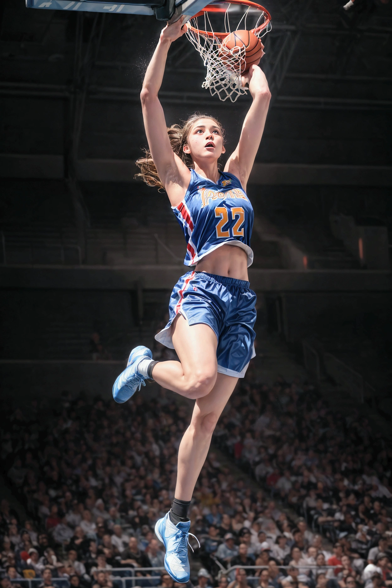 arafed image of a woman jumping in the air to dunk a basketball, basketball, Sports photography, スラムDunkのシーン,The height of the goal post is in the center of the image.,
 award winning Sports photography, Dunk, By John La Gatta, Winning Shots, Winning Shots, Awesome Wallpapers, Photo Rendering, Artistic Illustration, Sports photography, Wayne England, Winning Shots, Cover photo,
