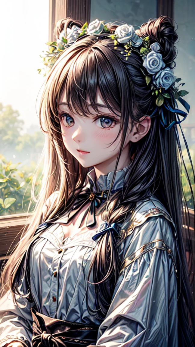 ((best quality)), ((Masterpiece)), (details), perfect facea drawing of a girl with a flower crown and long hair wearing some decorations, 1 girl, decorations, alone, long hair,white balance