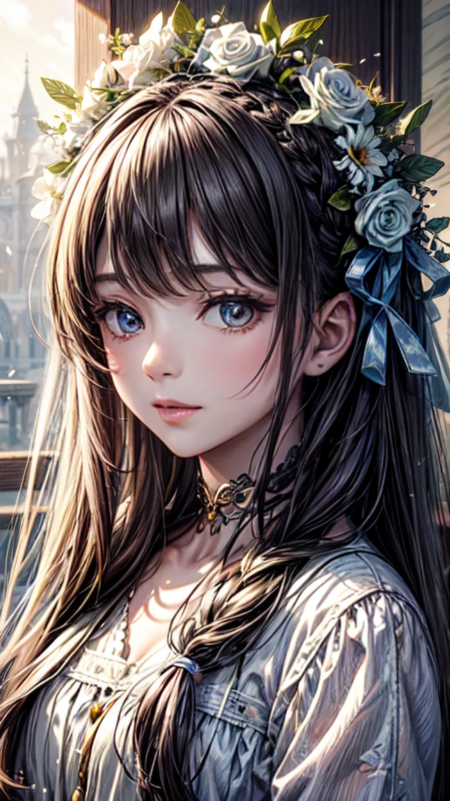 ((best quality)), ((Masterpiece)), (details), perfect facea drawing of a girl with a flower crown and long hair wearing some decorations, 1 girl, decorations, alone, long hair,white balance