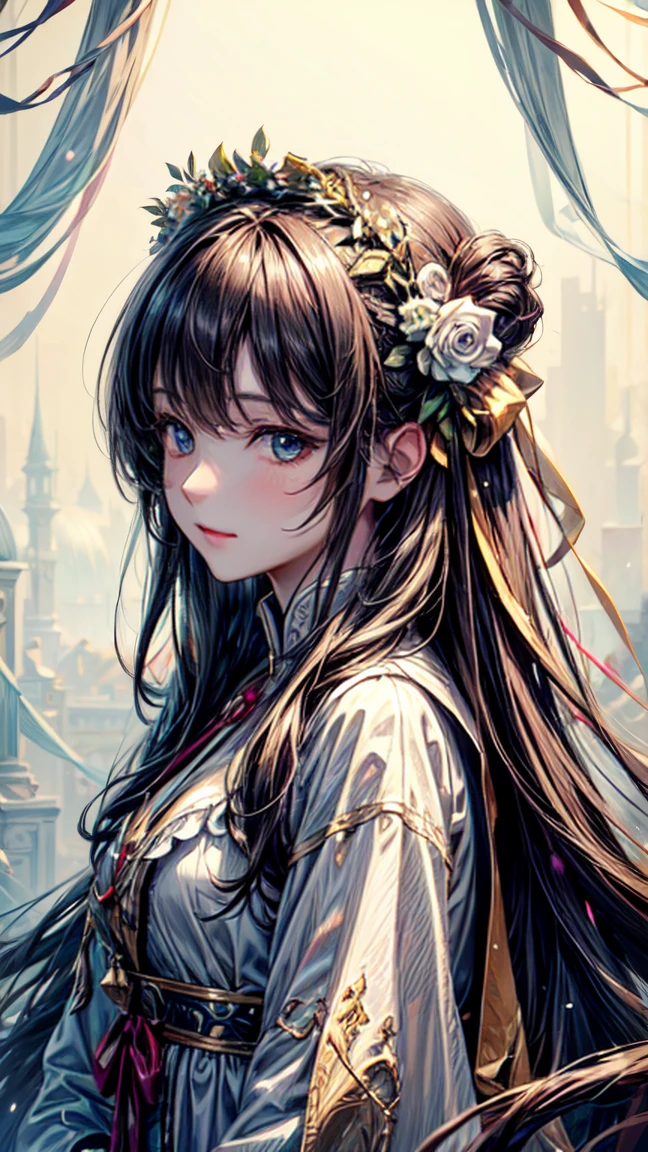 ((best quality)), ((Masterpiece)), (details), perfect facea drawing of a girl with a flower crown and long hair wearing some decorations, 1 girl, decorations, alone, long hair,white balance