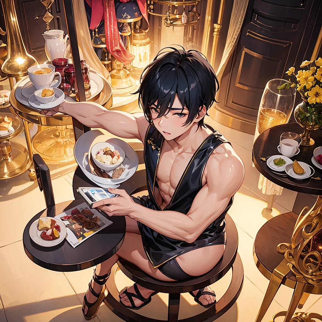 Asian boy , in a glittery thong , delicious back crack, on round chair , 