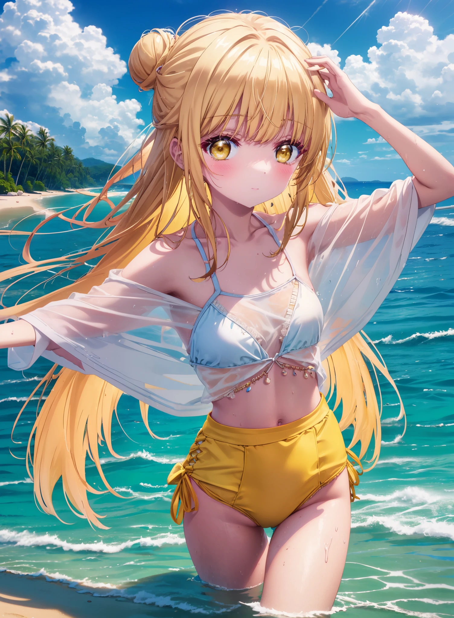 mahirushiina, Mahiru Shiina, Long Hair, bangs, Blonde, Brown Hair, (Yellow Eyes:1.3), smile,blush,Hair Bun, double Hair Bun,Yellow bikini swimsuit,barefoot,Water Play,Ocean,Sandy Beach,whole bodyがイラストに入るように,Wet Hair,Wet Skin,Wet swimsuit,
break outdoors, Beach,
break looking at viewer, whole body,(Cowboy Shot:1. 5)
break (masterpiece:1.2), Highest quality, High resolution, unity 8k wallpaper, (figure:0.8), (Beautiful attention to detail:1.6), Highly detailed face, Perfect lighting, Highly detailed CG, (Perfect hands, Perfect Anatomy),
