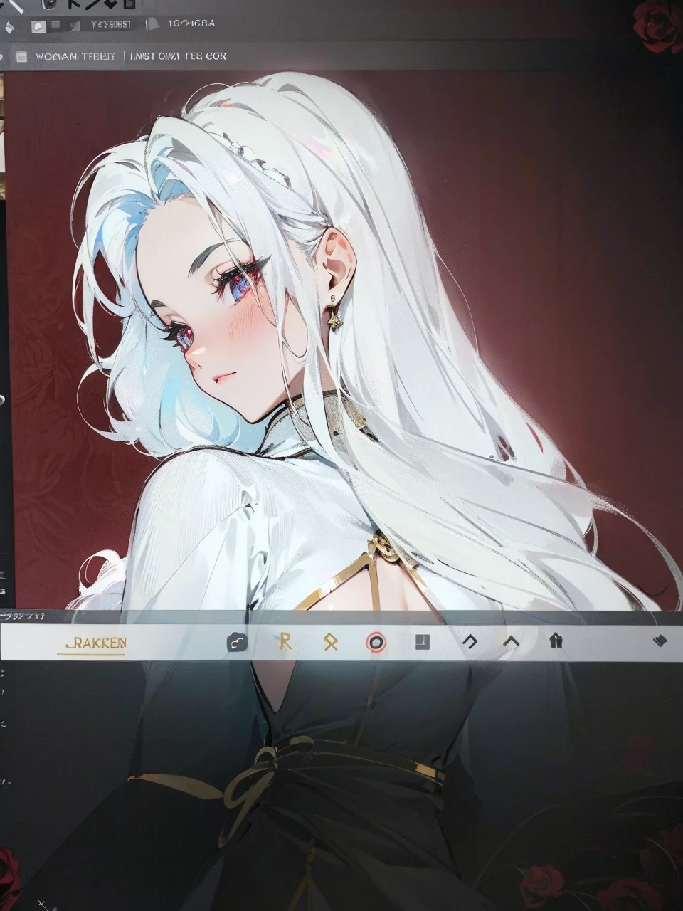 Add in roses to her dress, a good back dress design with some golden jewelry, make her dress into a red and white gown with a hat, give her some unique Jewelry, and make her look somewhat of a demonic angel like appearance to her