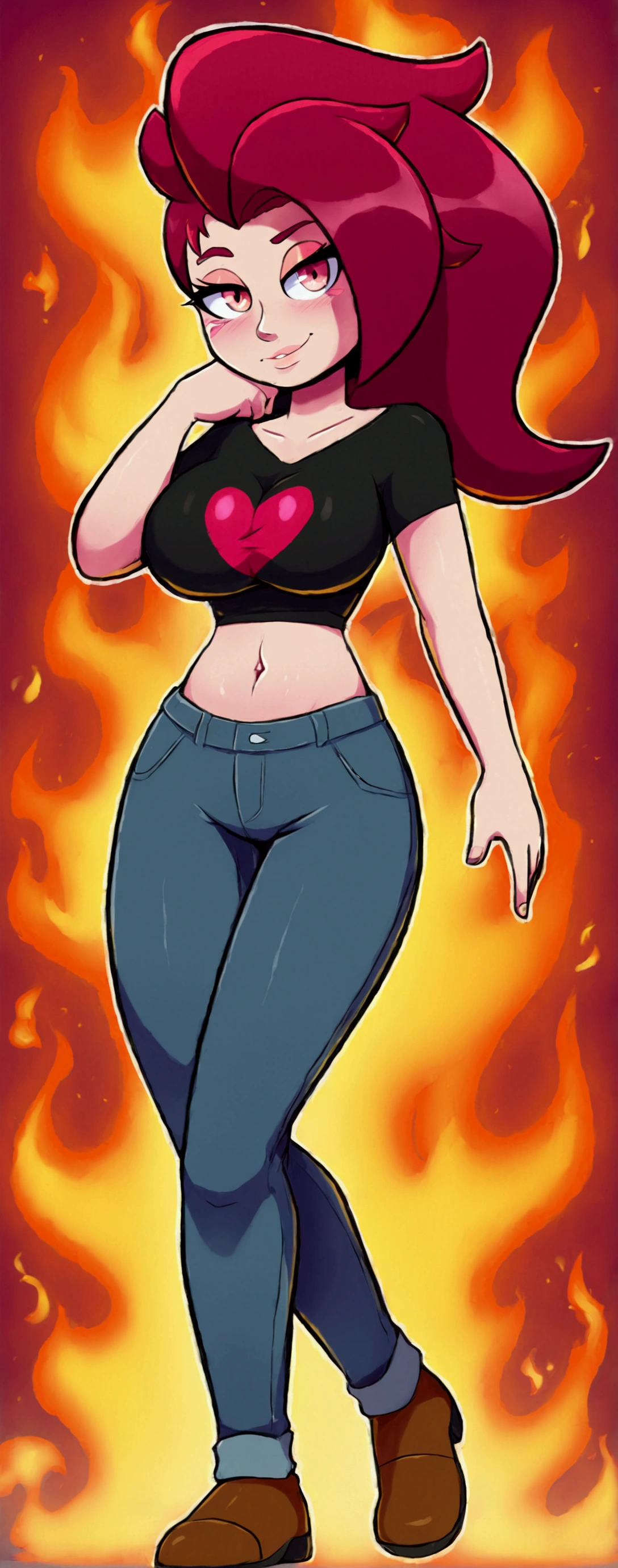 A sexy girl, beautiful action, big breast, dark red hair, cut her eye, pink eyelash, fire red, wears black top, short sleeves, shows navel, sexy curve, and a pair of denim pants, brown shoes. 