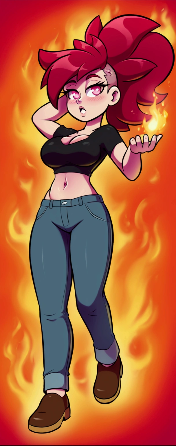 A sexy girl, beautiful action, big breast, dark red hair, cut her eye, pink eyelash, fire red, wears black top, short sleeves, shows navel, sexy curve, and a pair of denim pants, brown shoes. 