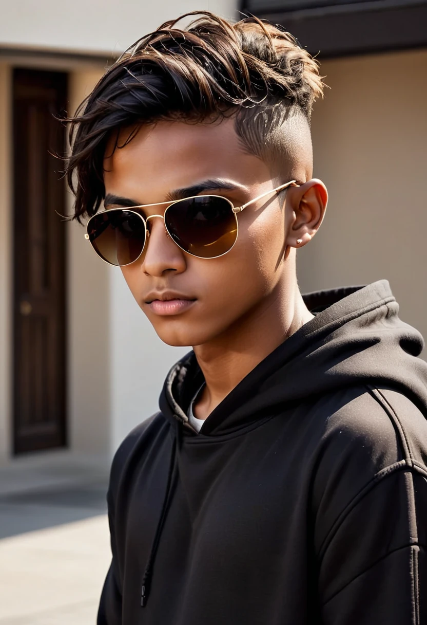 boy, dark skin, face patches,beige with black hoodie, hood,Sunglasses, Brown eyes, shaved hair