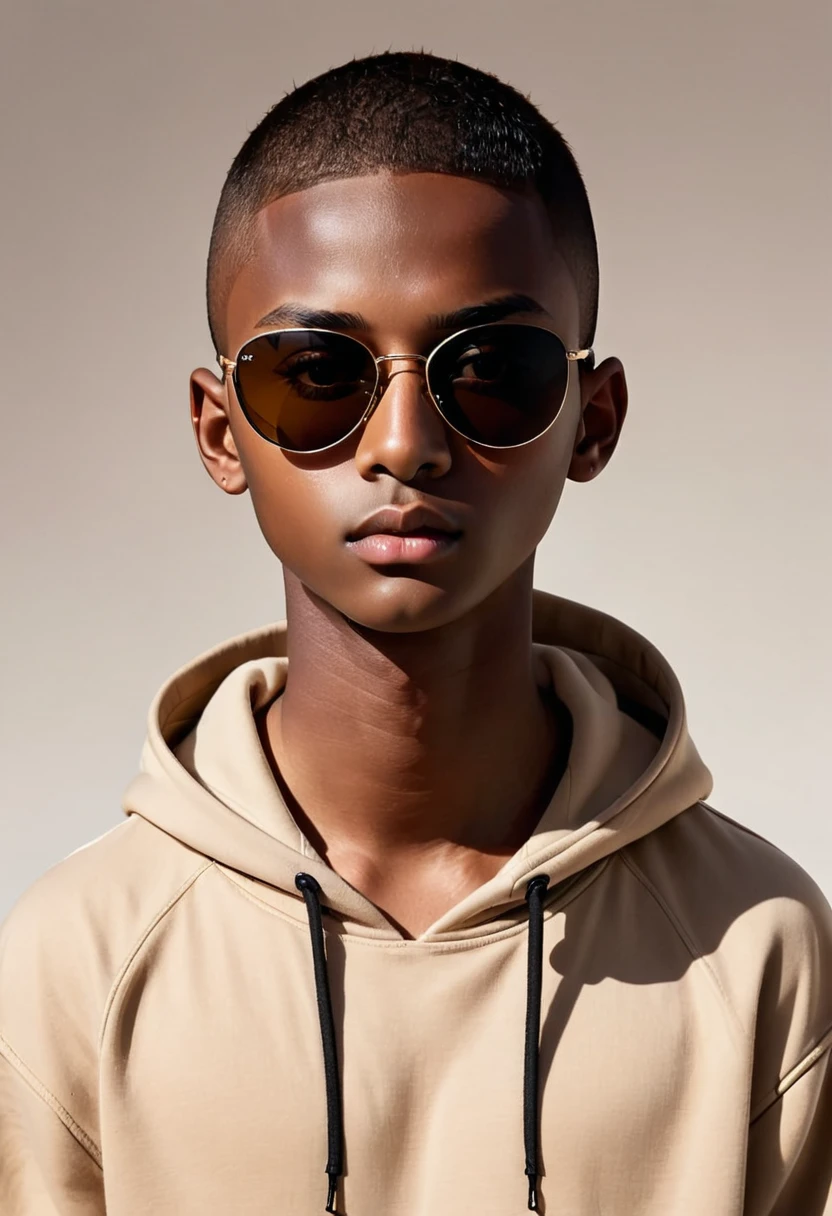 boy, dark skin, face patches,beige with black hoodie, hood,Sunglasses, Brown eyes, shaved hair