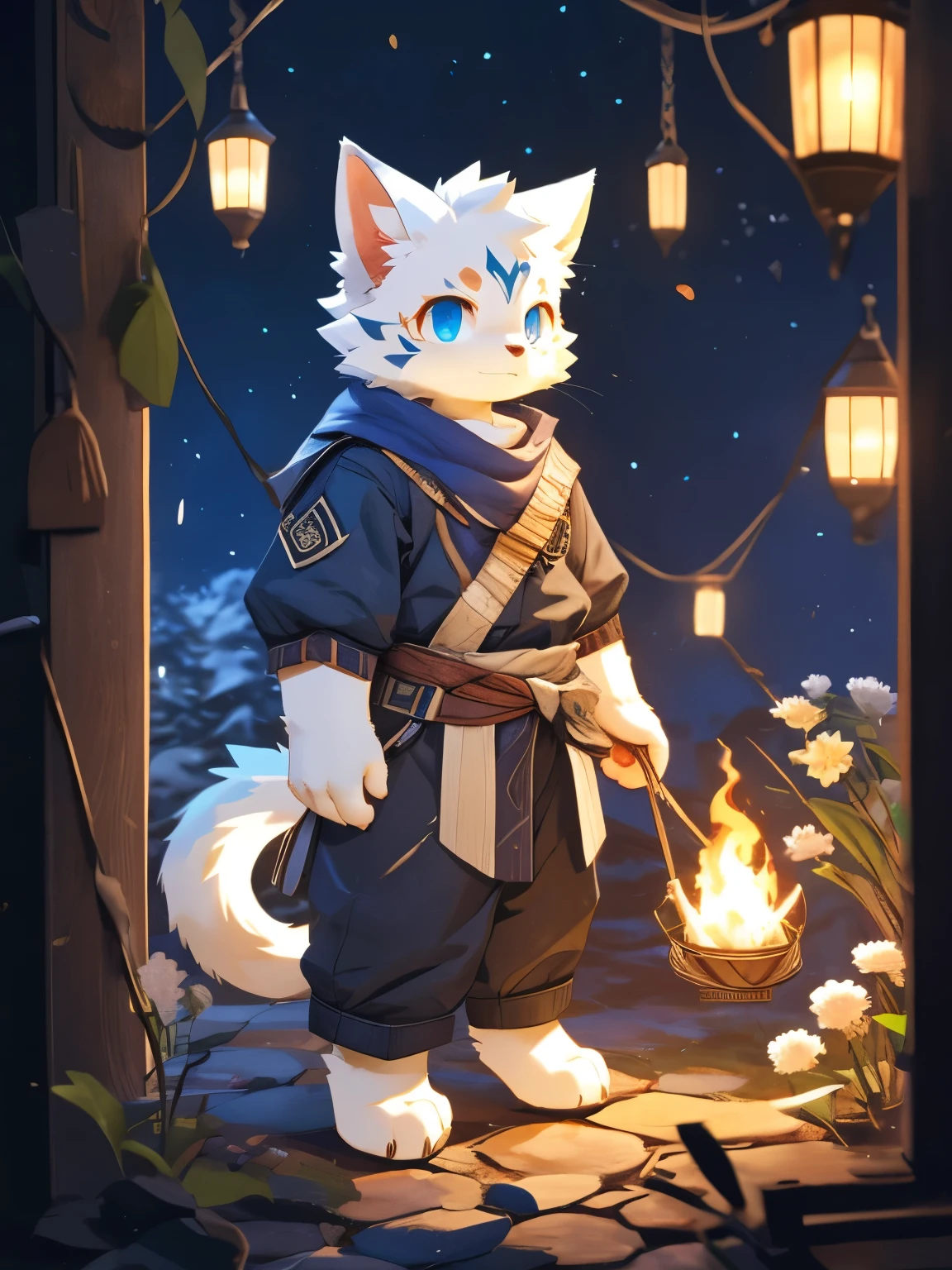 nj5furry,kemono,full-length portrait,anthro,hi res,male,youth,Pastoral cat,strong,Adventurer,Fluffy hair,White plush paw,A tail,Delicate eyes,Detailed eyes