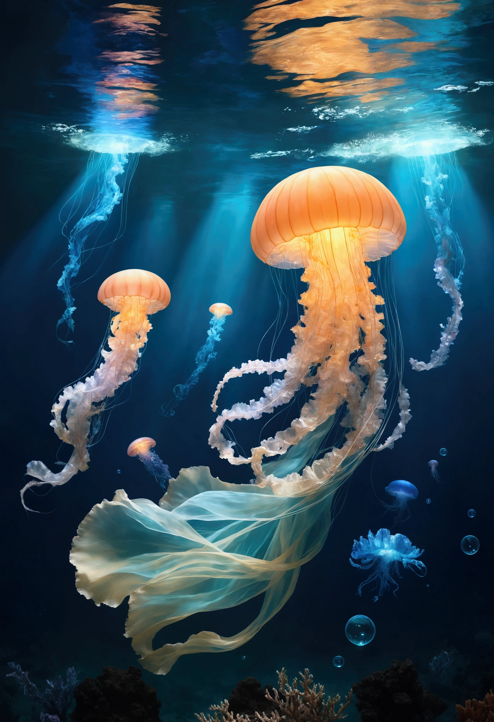 (masterpiece)、(Highest quality)、Very detailed、(In the water:1.4)、Ocean、Light、Bubble、jellyfish、Oceanの藻、(深Ocean:1.4)、Fantasy、Ocean底、Floating objects