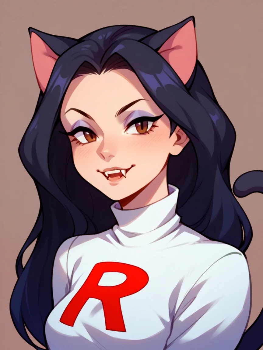 Half body, A beautiful woman, long wavy black hair, brown eyes, casual clothing, cat ears and tail, fangs, horns, sexi, dressed as team rocket. 