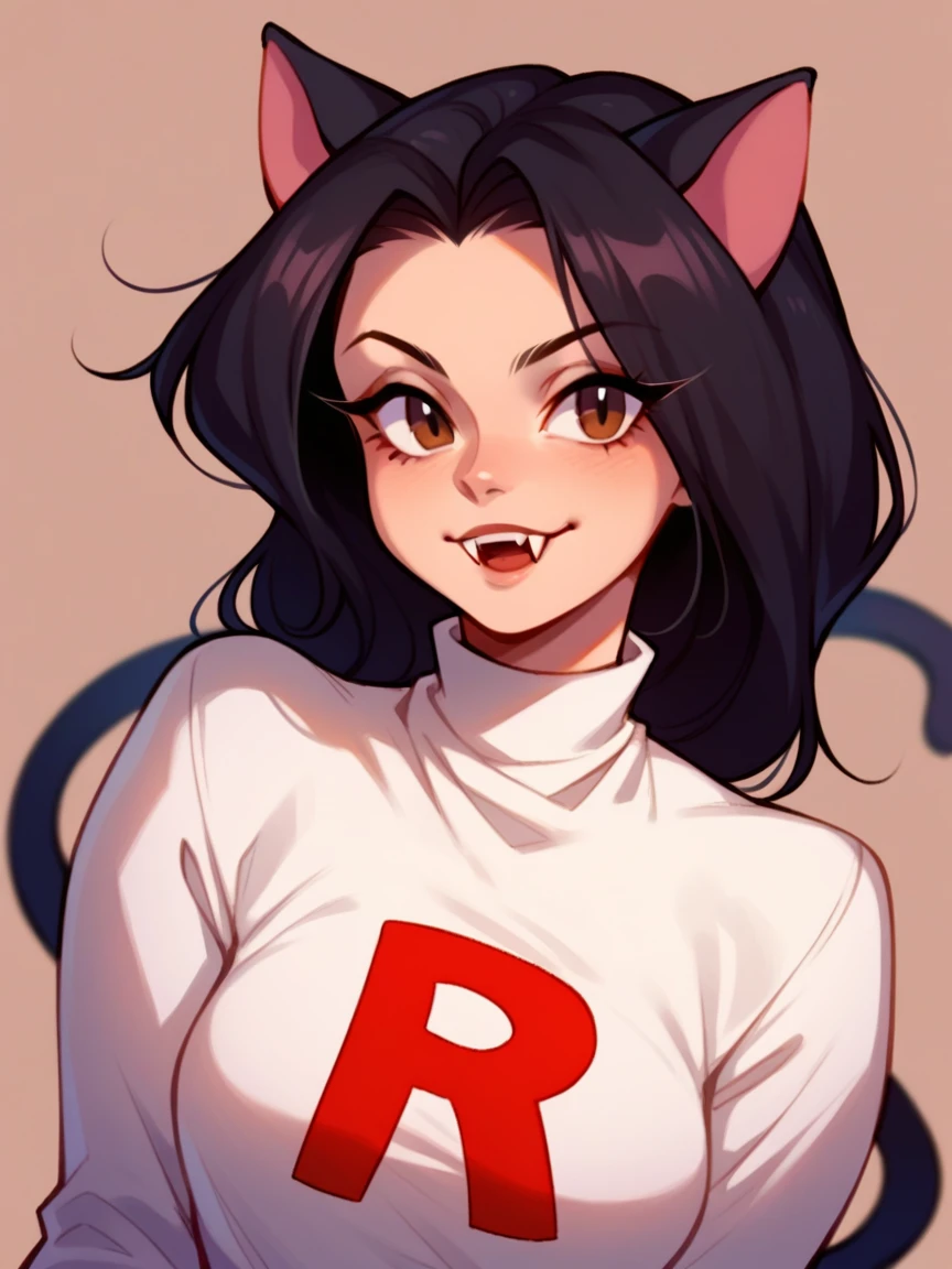 Half body, A beautiful woman, long wavy black hair, brown eyes, casual clothing, cat ears and tail, fangs, horns, i, dressed as team rocket. 