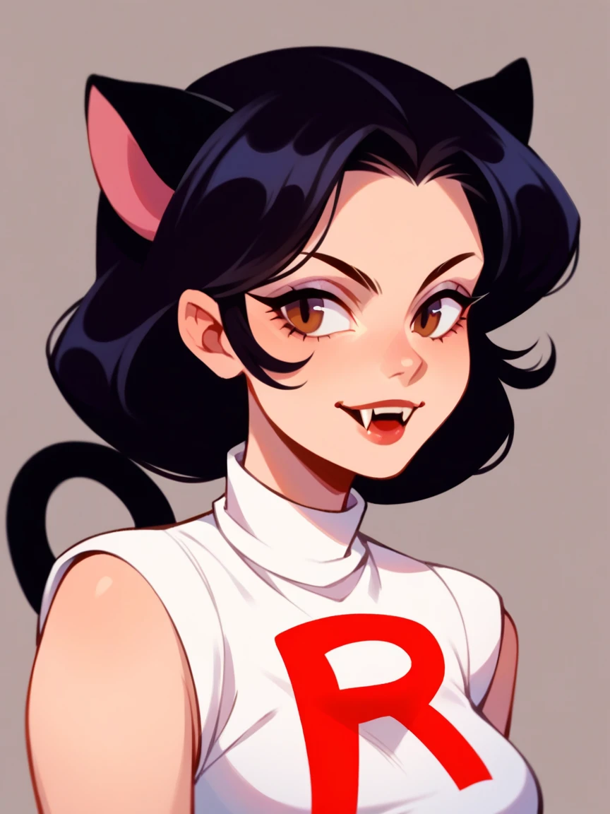 Half body, A beautiful woman, long wavy black hair, brown eyes, casual clothing, cat ears and tail, fangs, horns, sexi, dressed as team rocket. 
