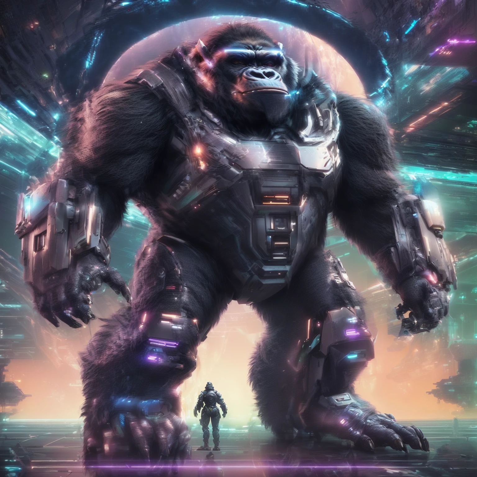 a close up of a gorilla in a futuristic space setting, winston the ape from overwatch, greg beeple, wojtek fus, cyber monkey in the scifi forest, in style of beeple, beeple masterpiece, beeple!!, hq 4k phone wallpaper, beeple and greg rutkowski, beeple |, beeple artwork