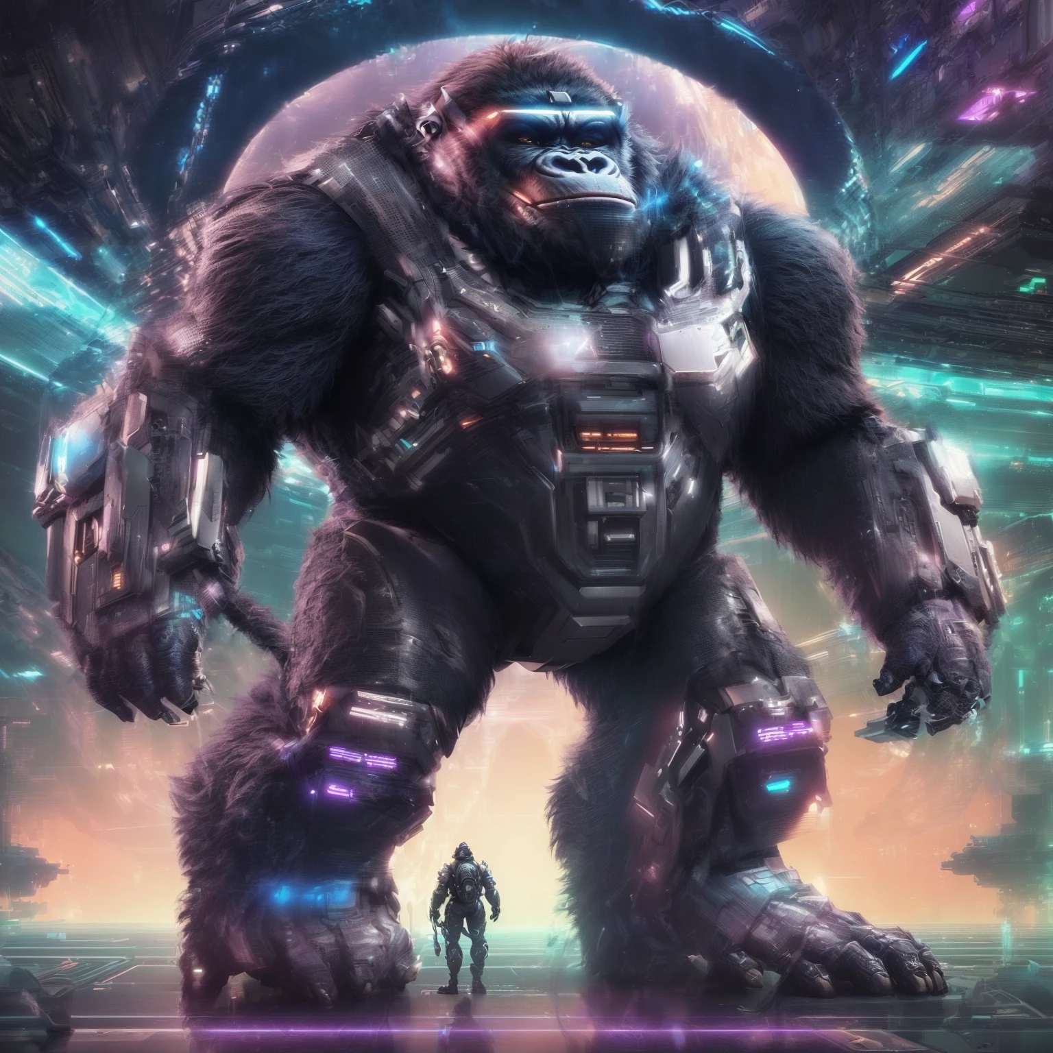 a close up of a gorilla in a futuristic space setting, winston the ape from overwatch, greg beeple, wojtek fus, cyber monkey in the scifi forest, in style of beeple, beeple masterpiece, beeple!!, hq 4k phone wallpaper, beeple and greg rutkowski, beeple |, beeple artwork