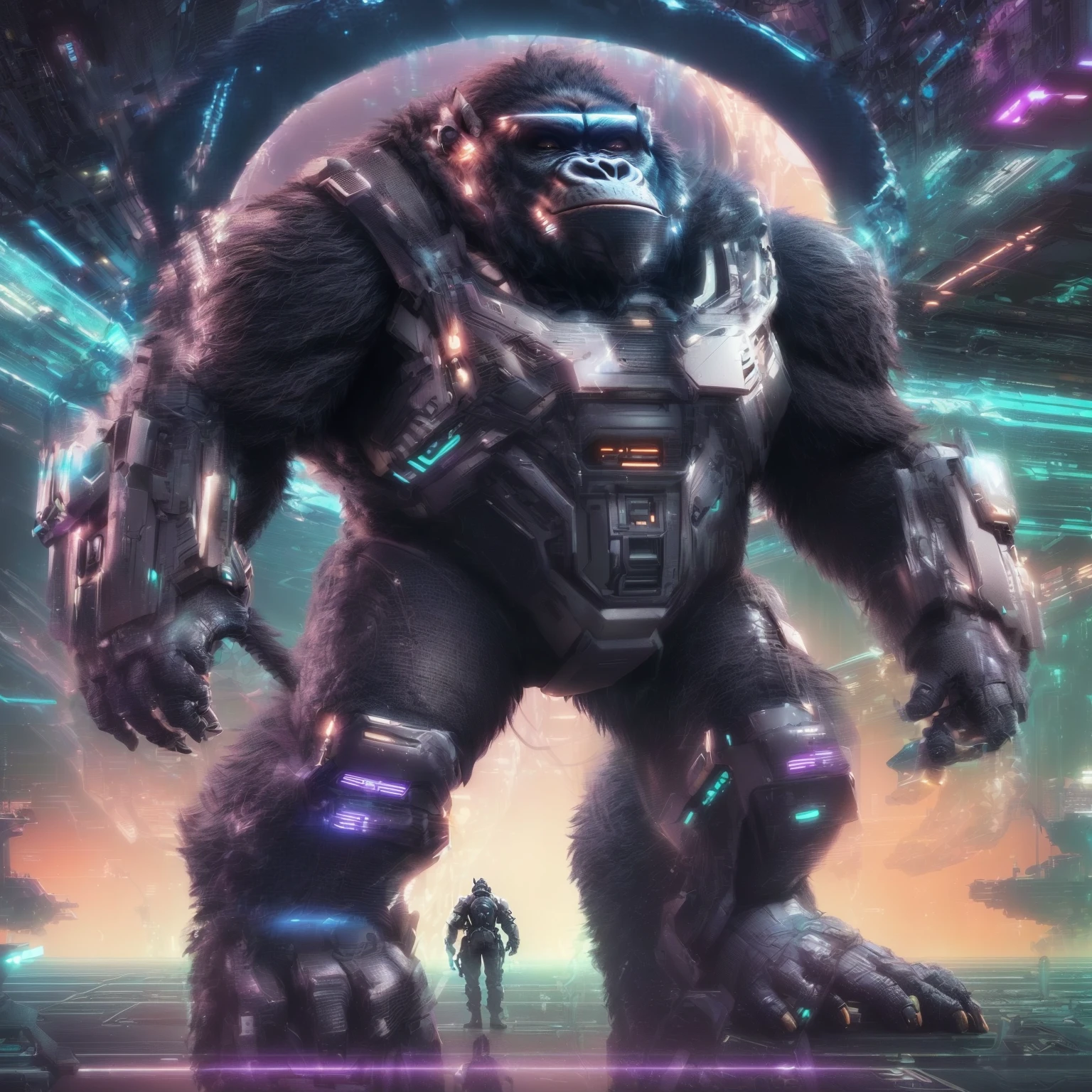 a close up of a gorilla in a futuristic space setting, winston the ape from overwatch, greg beeple, wojtek fus, cyber monkey in the scifi forest, in style of beeple, beeple masterpiece, beeple!!, hq 4k phone wallpaper, beeple and greg rutkowski, beeple |, beeple artwork