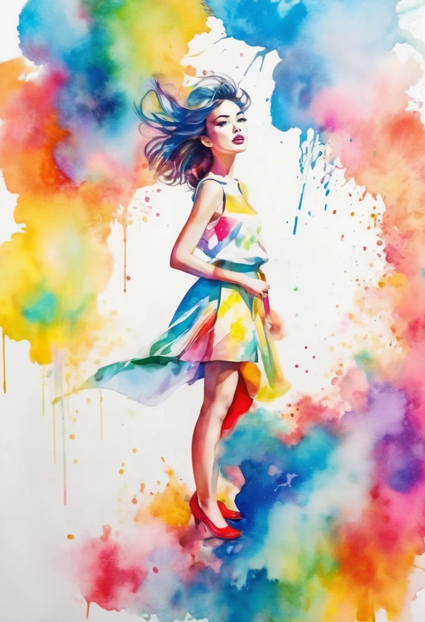 Abstract　Pop Art　Wide range　whole body　Girl　watercolor　White background　Bright colors　Pencil drawing　Blur　high quality
