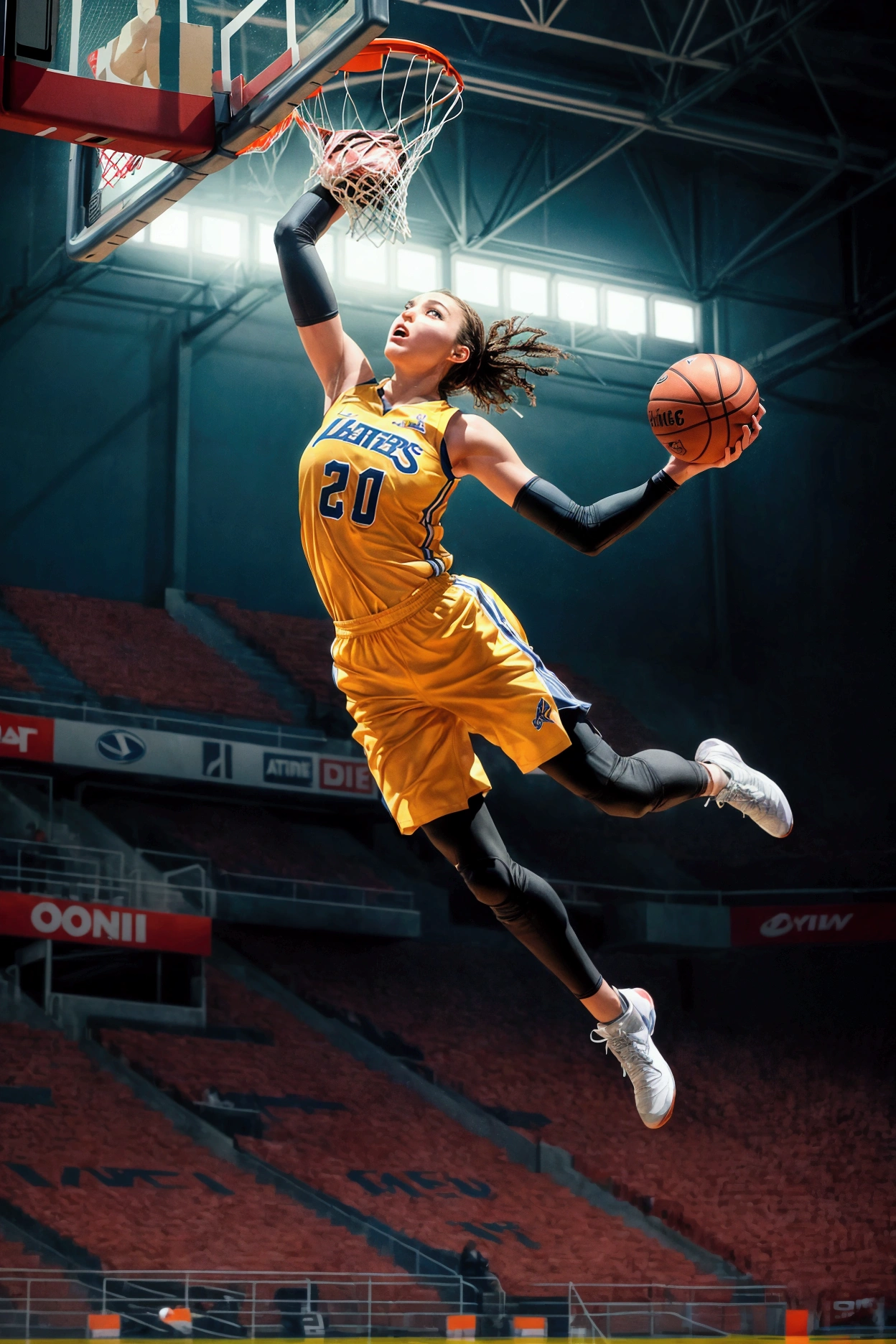 arafed image of a woman jumping in the air to dunk a basketball, basketball, Sports photography, スラムDunkのシーン,The height of the goal post is in the center of the image.,
 award winning Sports photography, Dunk, By John La Gatta, Winning Shots, Winning Shots, Awesome Wallpapers, Photo Rendering, Artistic Illustration, Sports photography, Wayne England, Winning Shots, Cover photo,
