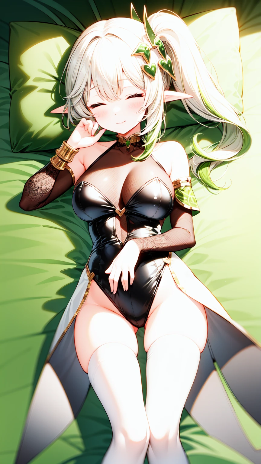 1girl, nahidadef, large breasts, black bunnysuit, blush, lying, thigh gap, looking_at_viewer, white pantyhose, thighhighs, one closed eyes, smile, bed_sheet