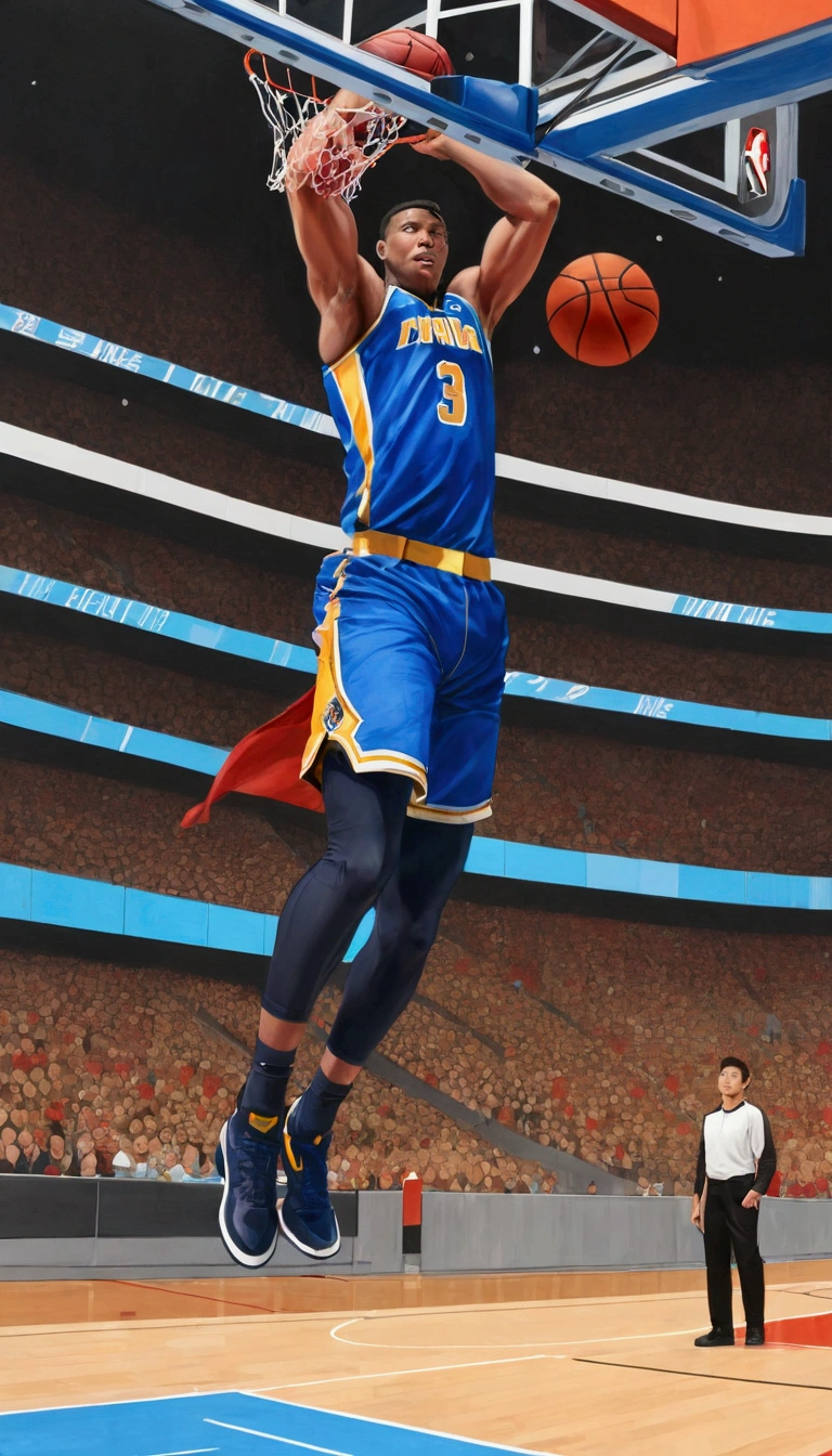 肌肉发达的篮球sports员,Dynamic Dunk,Colored pencil sketch,Art Sketches ,Comic Collage,Stadium background,快速sports模糊,(sports:1.1)