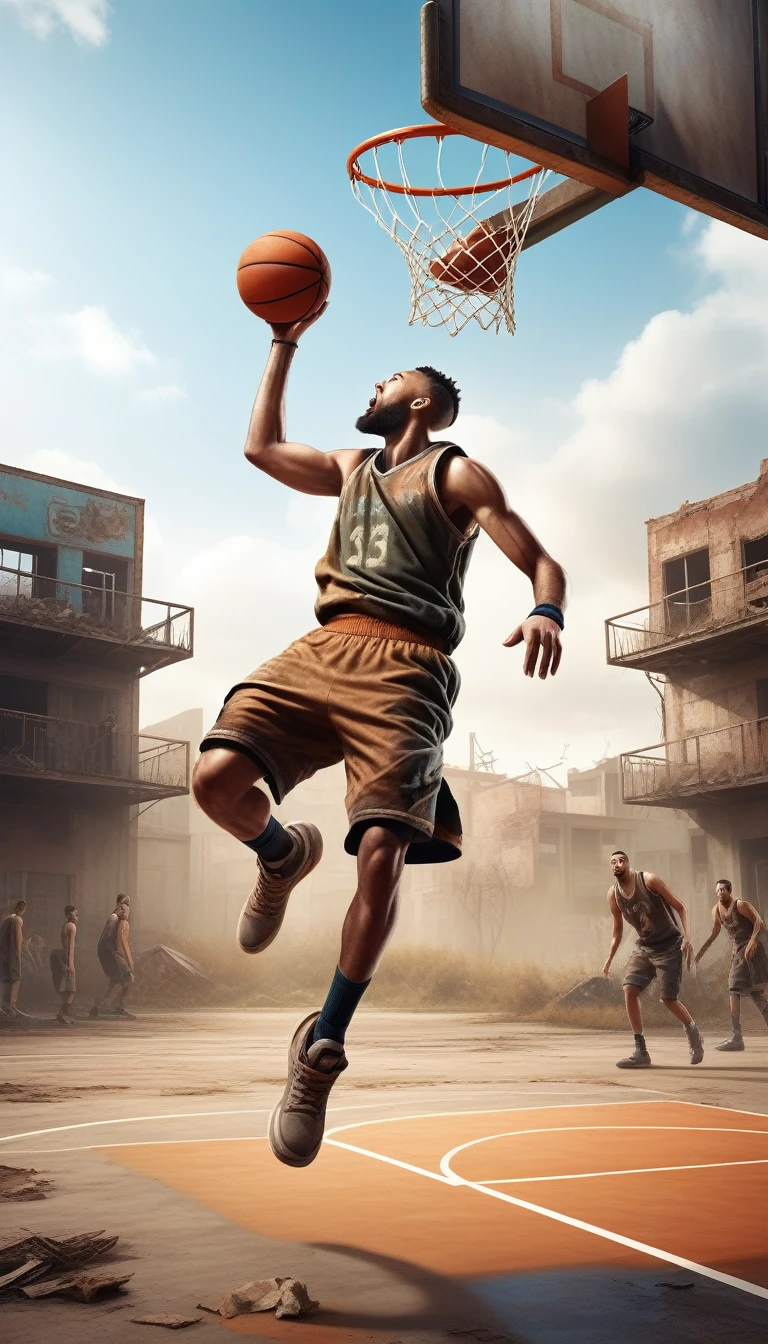 An expressive and realistic ultra-clear photography,Basketball court with a post-apocalyptic wasteland as background,Depiction of a basketball player dunking,The ball is already in the basket,There are many lost onlookers nearby,Demonstrating the optimism of athletes。