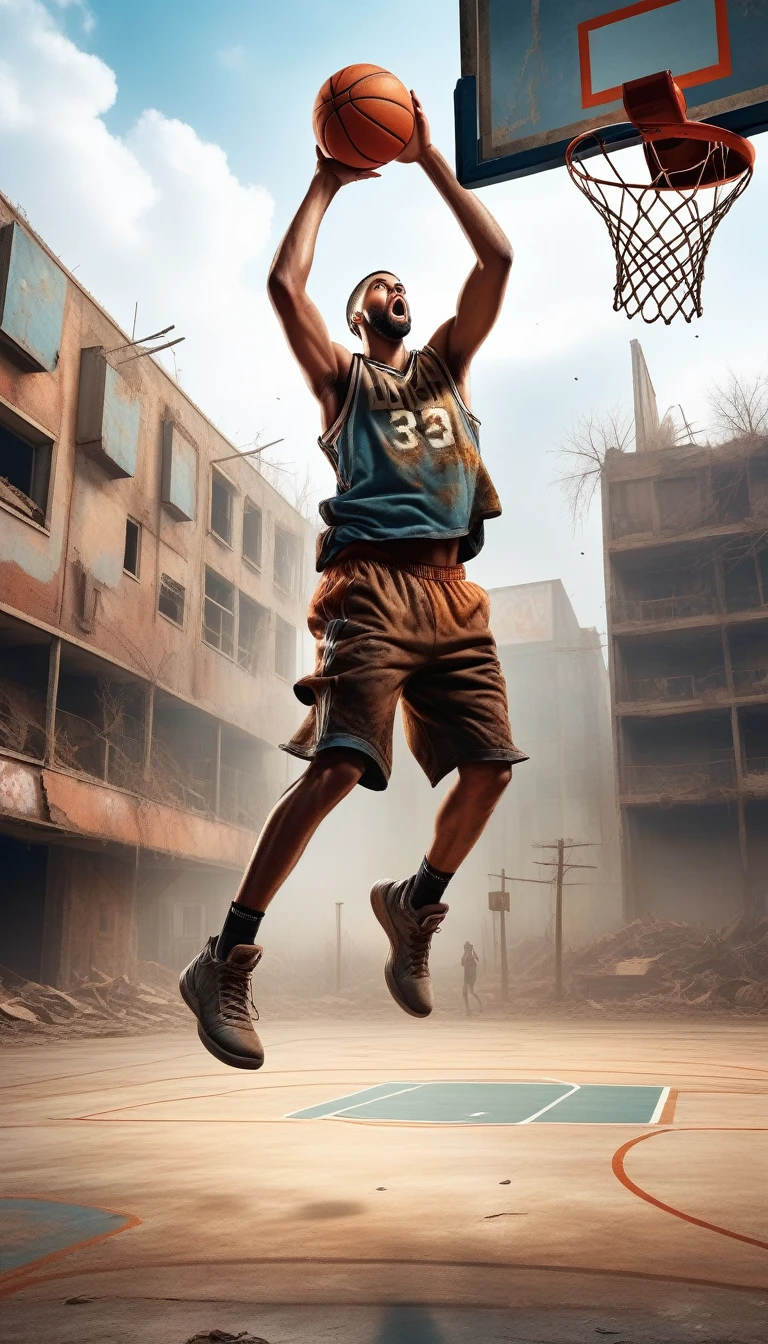 An expressive and realistic ultra-clear photography,Basketball court with a post-apocalyptic wasteland as background,Depiction of a basketball player dunking,The ball is already in the basket,There are many lost onlookers nearby,Demonstrating the optimism of athletes。