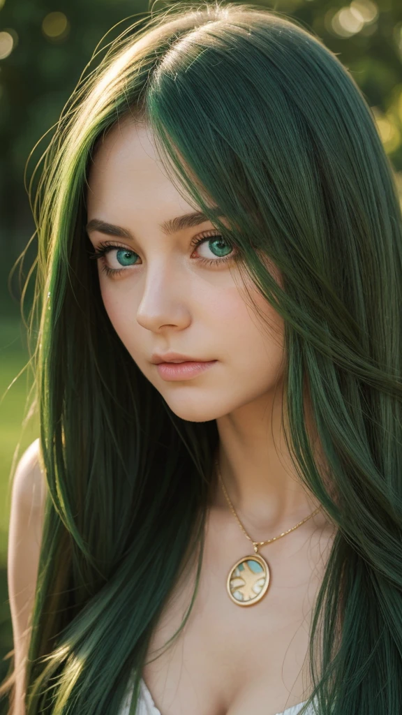 a girl.  face sent feeling.  Europe.  Oval face.  long face.  delicate facial features.  sad eyes.  seductively seductive.  green eyes.  long straight hair.  bouncy hair.  hair covers one eye.  green hair like.  gold necklace around neck.  sad status.  shy expression