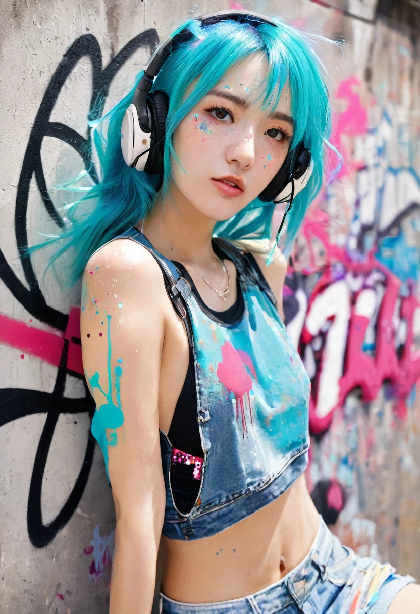 Masterpiece, Best quality, 1girl, solo, crop top, denim shorts, choker, (graffiti:1.5), paint splatter,  arms behind back, against wall, looking at viewer, armband, thigh strap, paint on body, head tilt, bored, multicolored hair, aqua eyes, headset