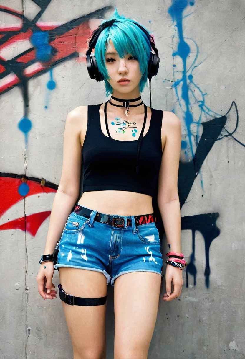 Masterpiece, Best quality, 1girl, solo, crop top, denim shorts, choker, (graffiti:1.5), paint splatter, arms behind back, against wall, looking at viewer, armband, thigh strap, paint on body, head tilt, bored, multicolored hair, aqua eyes, headset