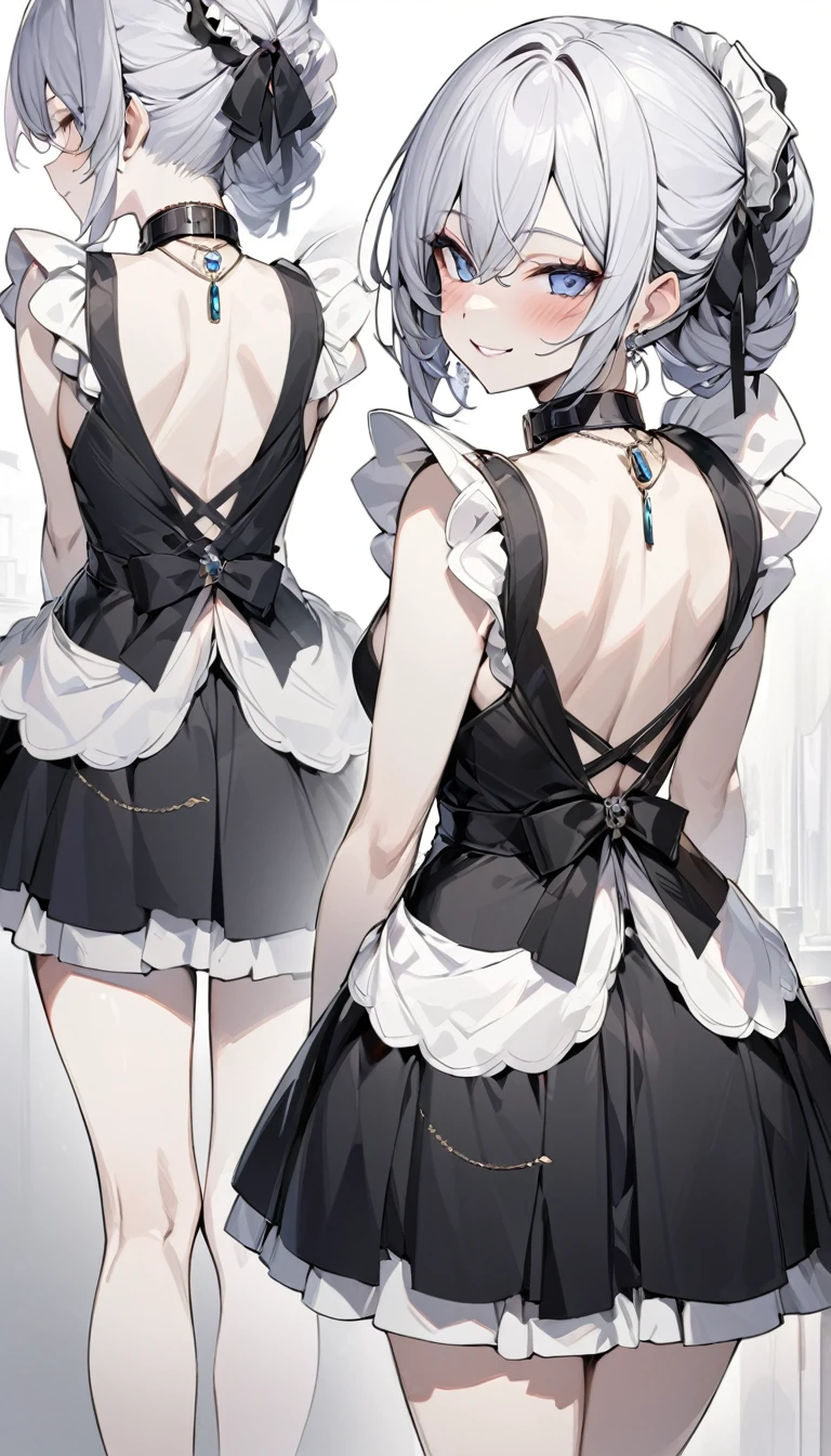 Masterpiece, Perfect hair, Backless V-line maid costum, girl, white skin, Pendant, Smile, 2 view from front and back, all body shot, collar, she say "welcome master", 2 Views: From front view and From back view,