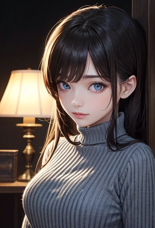 masterpiece, best quality, Very detailed, Facing the camera, 複雑に詳細なVery detailed, Practical, Sharp features, Very detailed, Clear focus, Perfect face, Perfect face, Perfect eyes with perfect symmetry, Perfect plump lips, Flexible female form, Movie, lamp, Very detailed, hyper Practical, masterpiece, atmosphere, high resolution, Energetic, 动态工作室lamp光, ((Dark background)), Endure the expression of happiness, Straight bangs, blue eyes,Black see-through sweater, big nipples, Cowboy shooting,turtleneck sweater、Tailored clothes