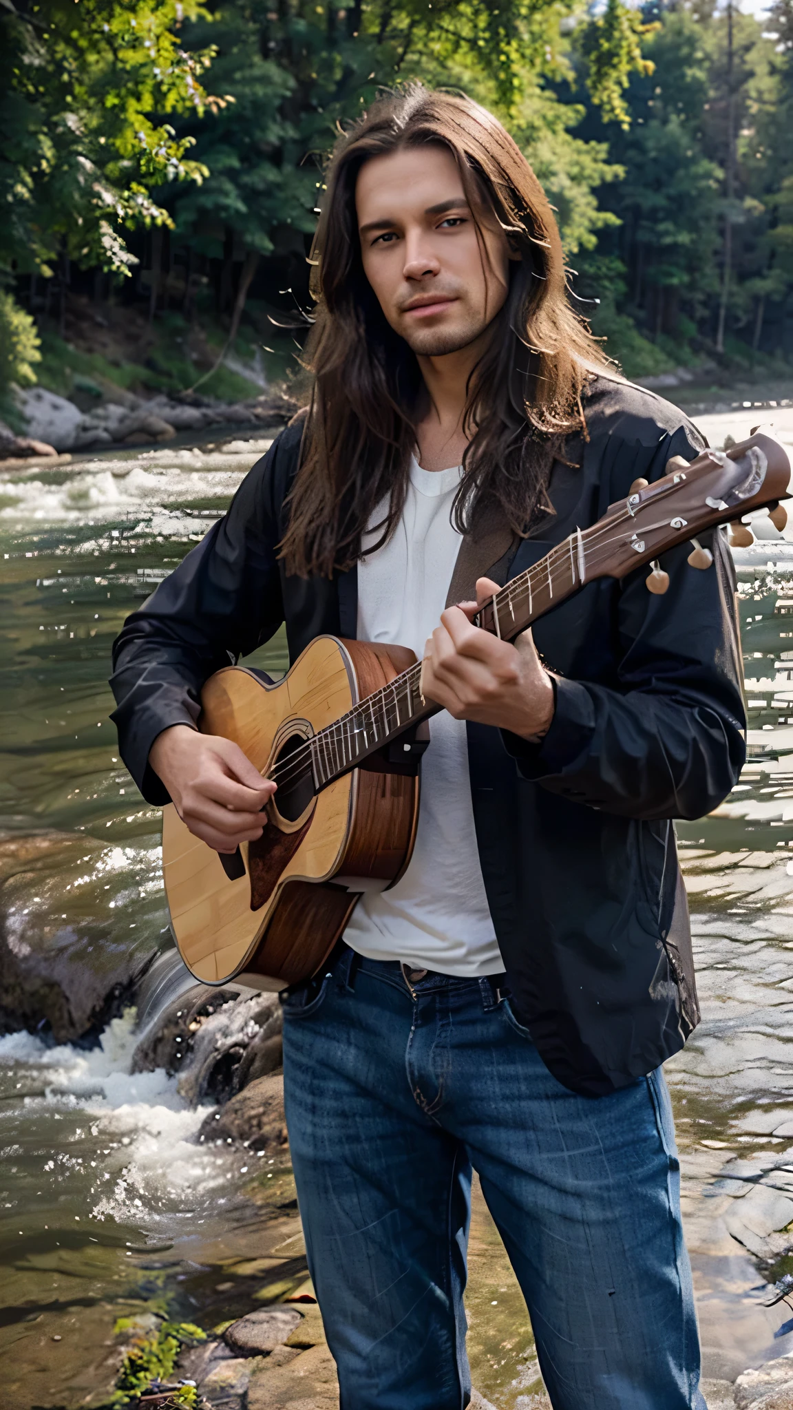 Handsome man with long brown hair playing guitar in front of a river. Im Hintergrund steht ein Kajak