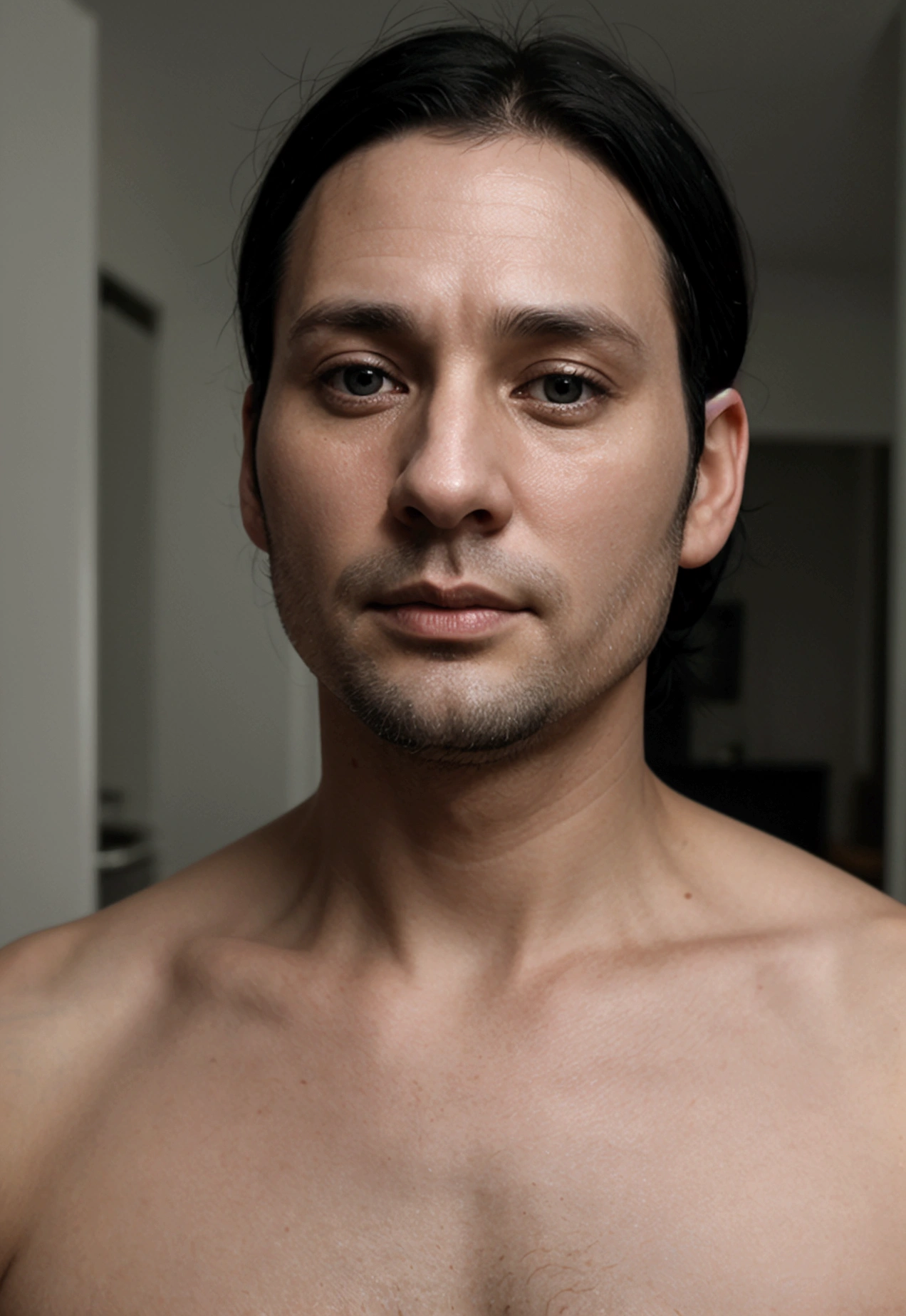 40 year old man with black hair, pale, caucastian, lit from beneath.