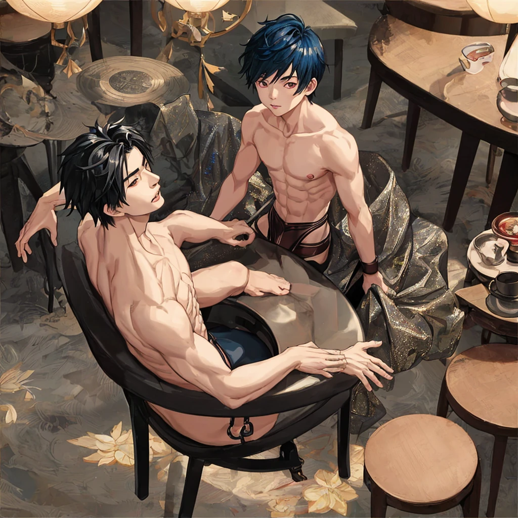 Asian boy , in a glittery thong , delicious back crack, on round chair ,