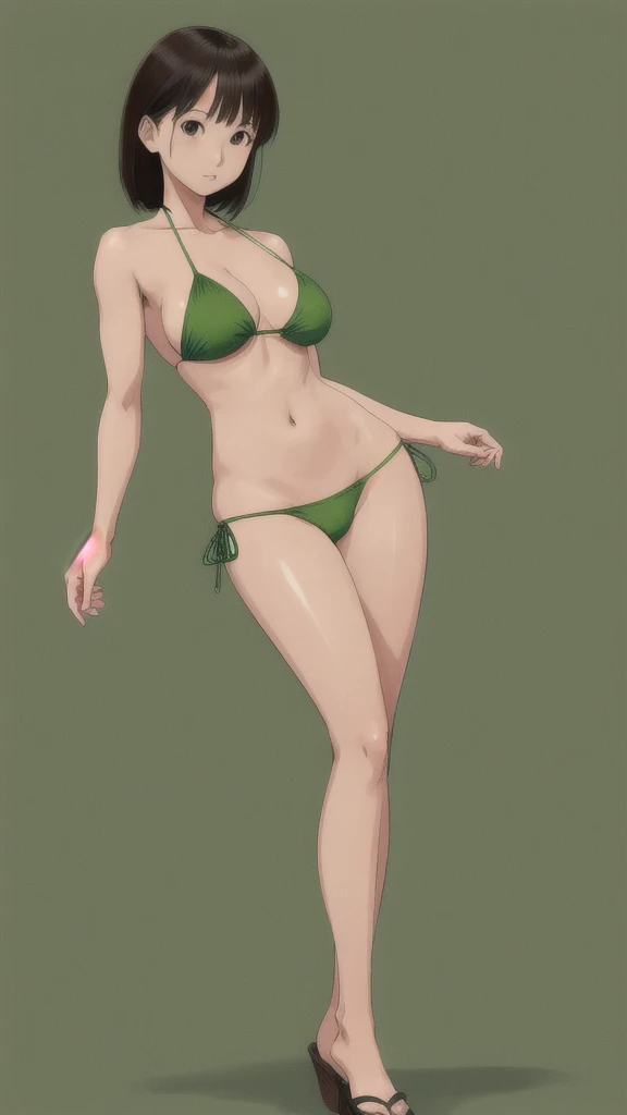 Ultra high-definition, 8k resolution, Japanese girl, full body, wearing a bikini, standing, simple green background, facing forward, looking at the camera, highly detailed and cleanly rendered