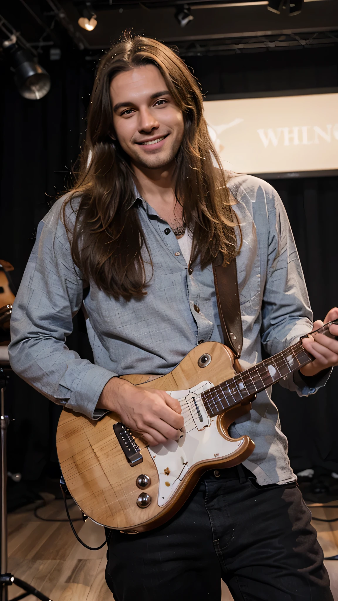 Handsome man with long brown hair playing guitar on the scene, smile