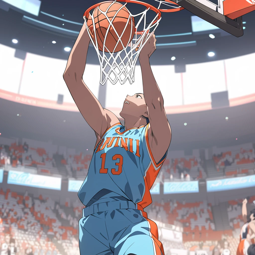 Masterpiece, ultra detailed, beautiful,Super Saturation, anime style, basketball, game winning dunk,Impressive moments,dunk shoot