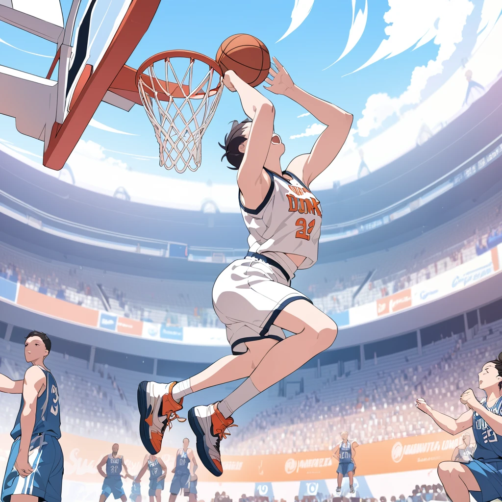 Masterpiece, ultra detailed, beautiful,Super Saturation, anime style, basketball, game winning dunk,Impressive moments,dunk shoot
