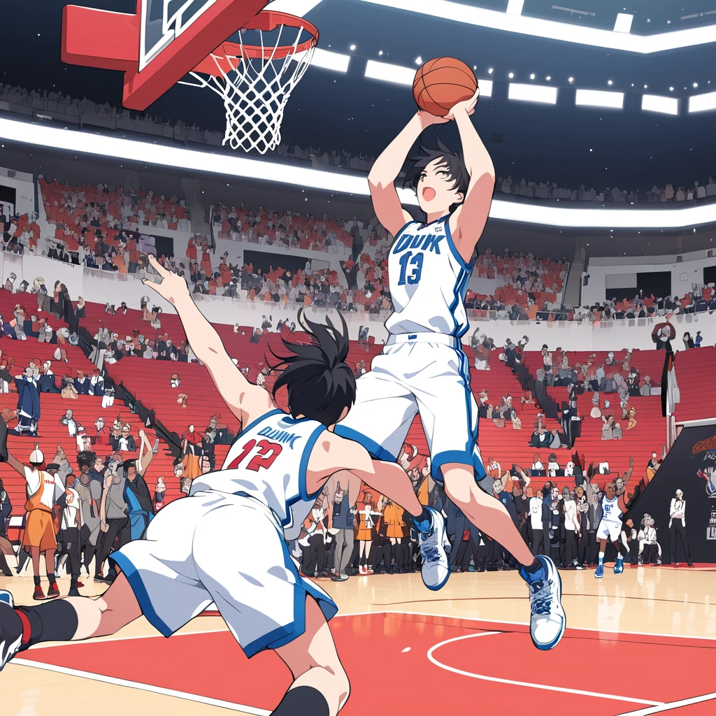 Masterpiece, ultra detailed, beautiful,Super Saturation, anime style, basketball, game winning dunk,Impressive moments,dunk shoot