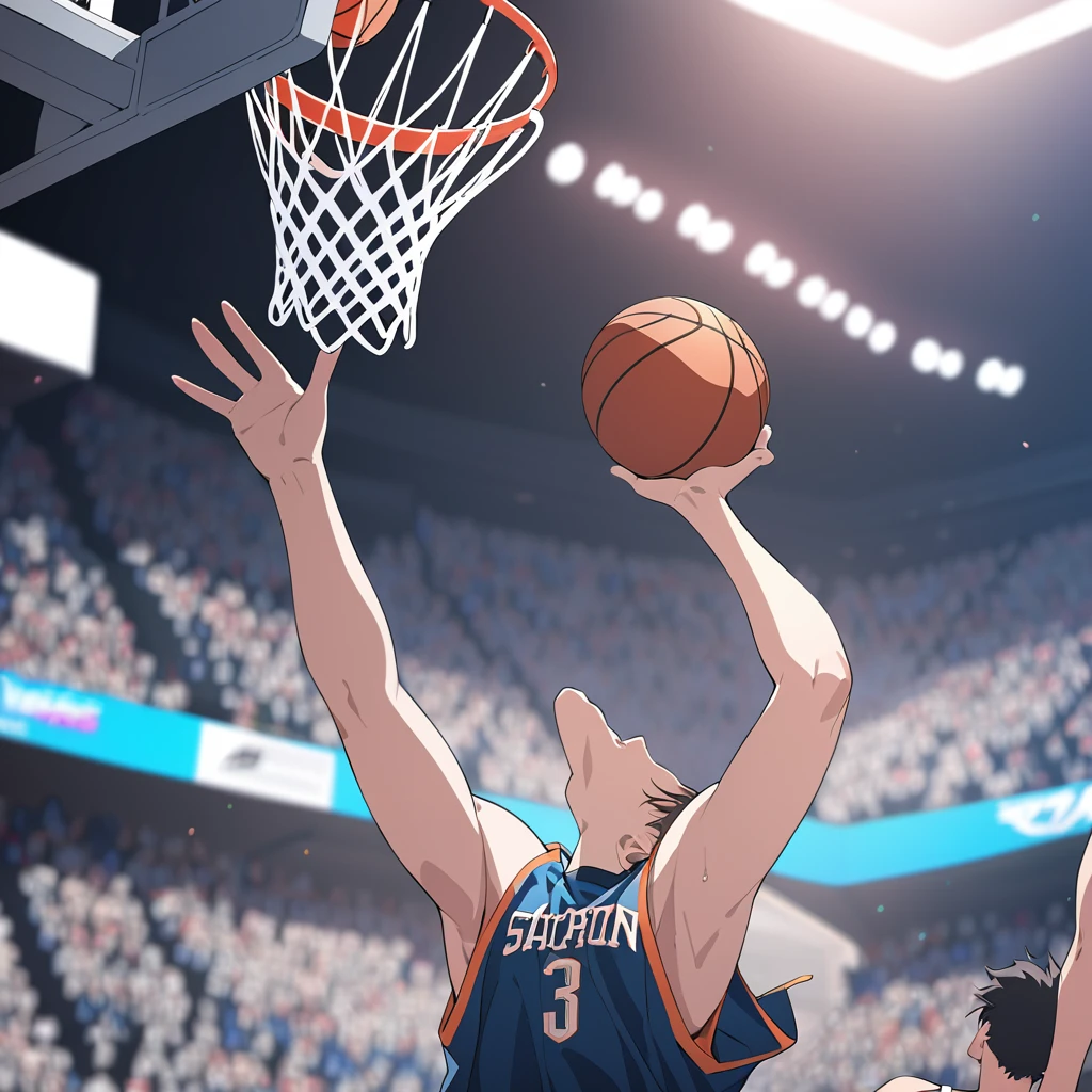 Masterpiece, ultra detailed, beautiful,Super Saturation, anime style, basketball, game winning dunk,Impressive moments,dunk shoot
