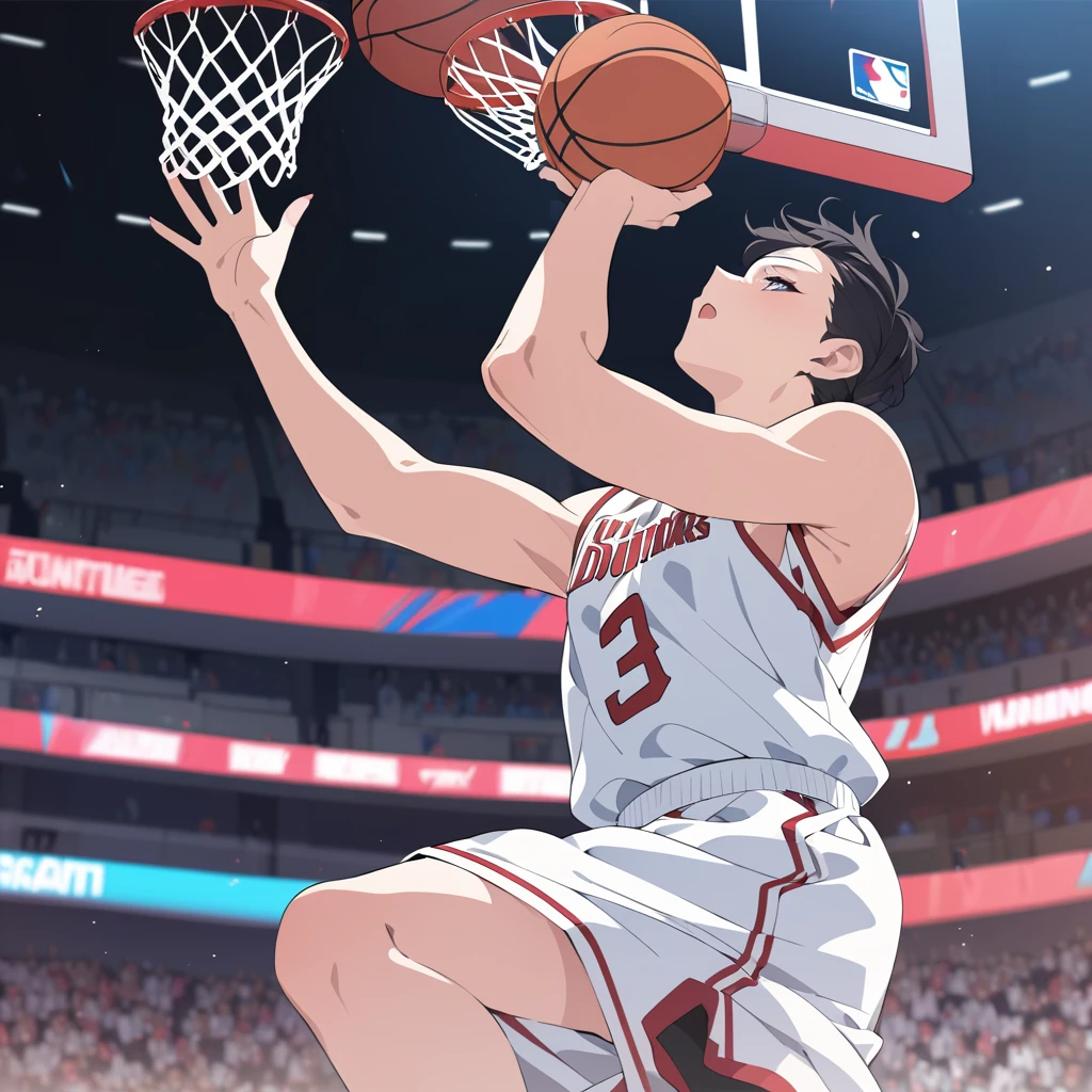 Masterpiece, ultra detailed, beautiful,Super Saturation, anime style, basketball, game winning dunk,Impressive moments,dunk shoot